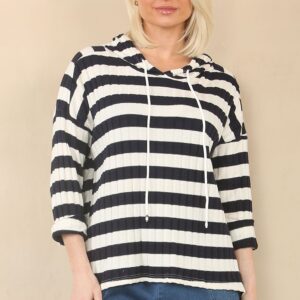 Navy Striped Fine knit hooded top
