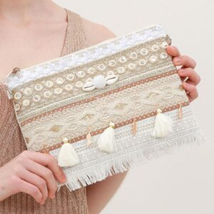 Nude Metallic tassel clutch bag