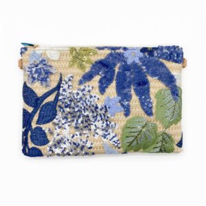 Blue Floral Sequin Jute Bag