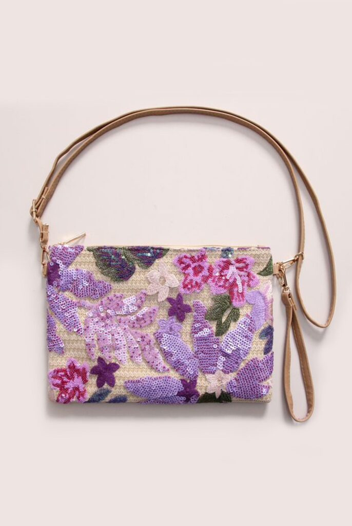 Lilac Floral Sequin Jute bag
