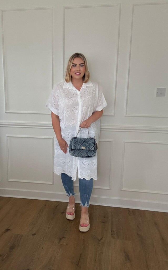 White embroidered shirt dress